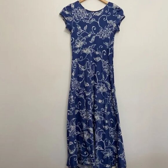 Chaps maxi dress open back tulip short sleeve floral blue white petit small - Picture 2 of 3